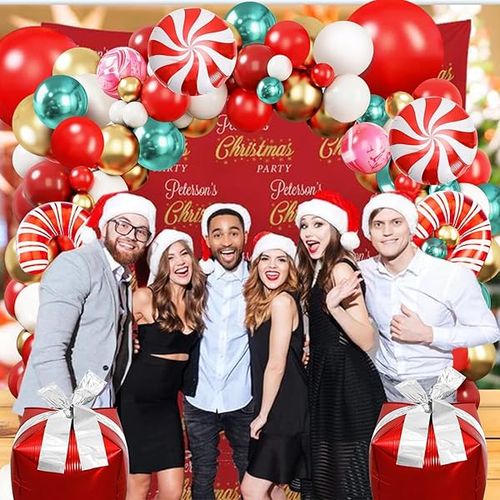 Christmas Balloons Garland Arch Kit, 168 pcs Red Pink Green Gold Metallic Balloons with Red Candy Cane Foil Box Balloons for Christmas Party Birthday Xmas Party Decorations.…