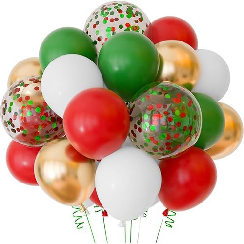NEBURORA 60pcs Christmas Party Balloon Arch Kit 12inch Xmas Red Green White and Gold Confetti Balloons with Ribbons for Merry Christmas Theme Party Background Classroom Indoor and Outdoor Decorations