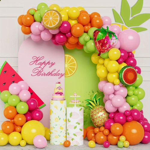 149 PCS Yellow Pink Tropical Fruit Balloon Set, Pineapple Strawberry Shape Aluminum Film Balloon for Birthday Party Etc