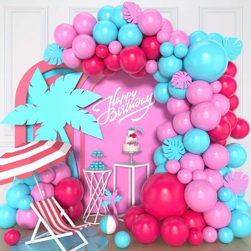 116PCS Tropical Hawaiian Themed Balloon Garland Kit - Pink, Blue and Rose Red Themed Birthday Party Summer Party Decor