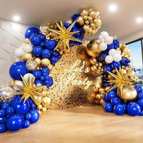 136PCS Royal Blue and Gold Balloon Arched Garland Set Suitable for Anniversary, Wedding, New Year, and Birthday Party Decoration