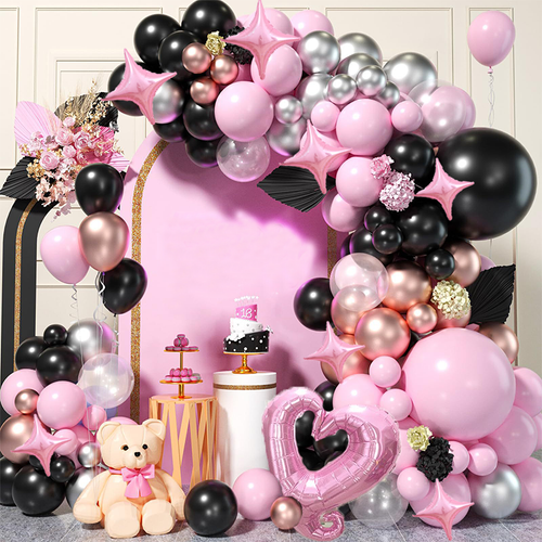 122pcs Metal Silver Black Pink Balloon Garland Set, Suitable for Valentine's Day, Birthday Party Wedding Background Decoration