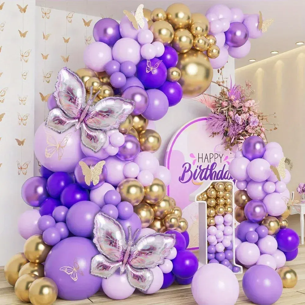 138pcs Purple Butterfly Themed Balloon Set Used for Birthdays Graduation Ceremonies Singles Parties Weddings Summer Decorations