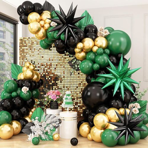 128pcs Green, Black and Gold Balloon Garland Arch Kit for Birthdays, Anniversaries, Graduations, Wedding Parties and Decorations