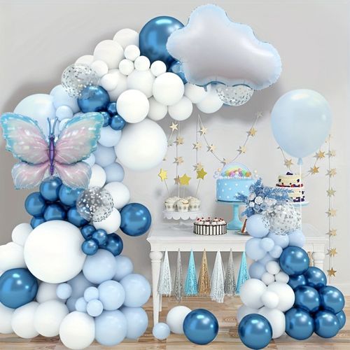122PCS Blue Balloon Wreath Arch Kit, White Cloud and Butterfly Aluminum Film for Wedding, Birthday, Anniversary Decoration