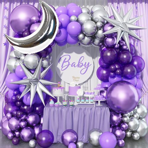 133pcs Dark Purple Balloon Arch Set,lilac and Metallic Purple Silver Moon Suitable for Outdoor Decoration on Ramadan Anniversary