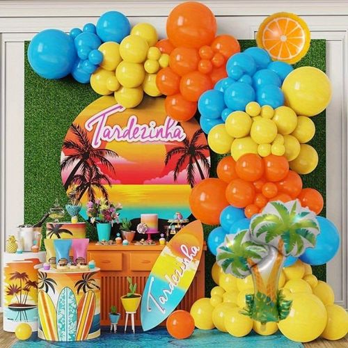 146 PCS Orange Summer Arch Balloon Set, Orange Tree Shaped Aluminum Film Balloon for Pool Party, Birthday Party, Etc