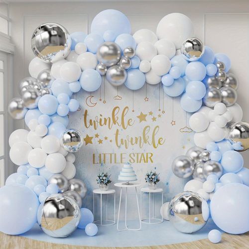142pcs Blue White Silver Balloon Arch Set, Suitable for Twinkle Twinkle Little Star Party, Birthday Party, Wedding Decoration
