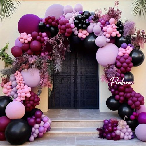 124pcs Black Pink Purple balloon Taro Taro Flower ring set,suitable for dark style theme events, birthday parties, anniversaries