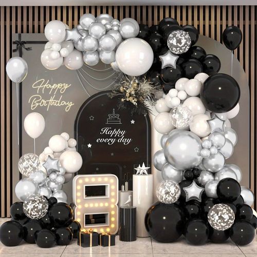 131pcs Black Silver White Balloon Set, Used for Birthday, Engagement, Anniversary, Graduation Ceremony, Single Party Decoratio