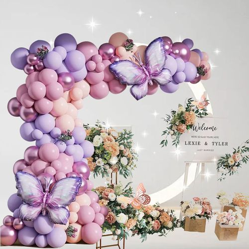 Butterfly Balloon Garland Arch Set 148PCS Macaron Purple Pink Orange Balloon Birthday Party Wedding Anniversary Event Decoration