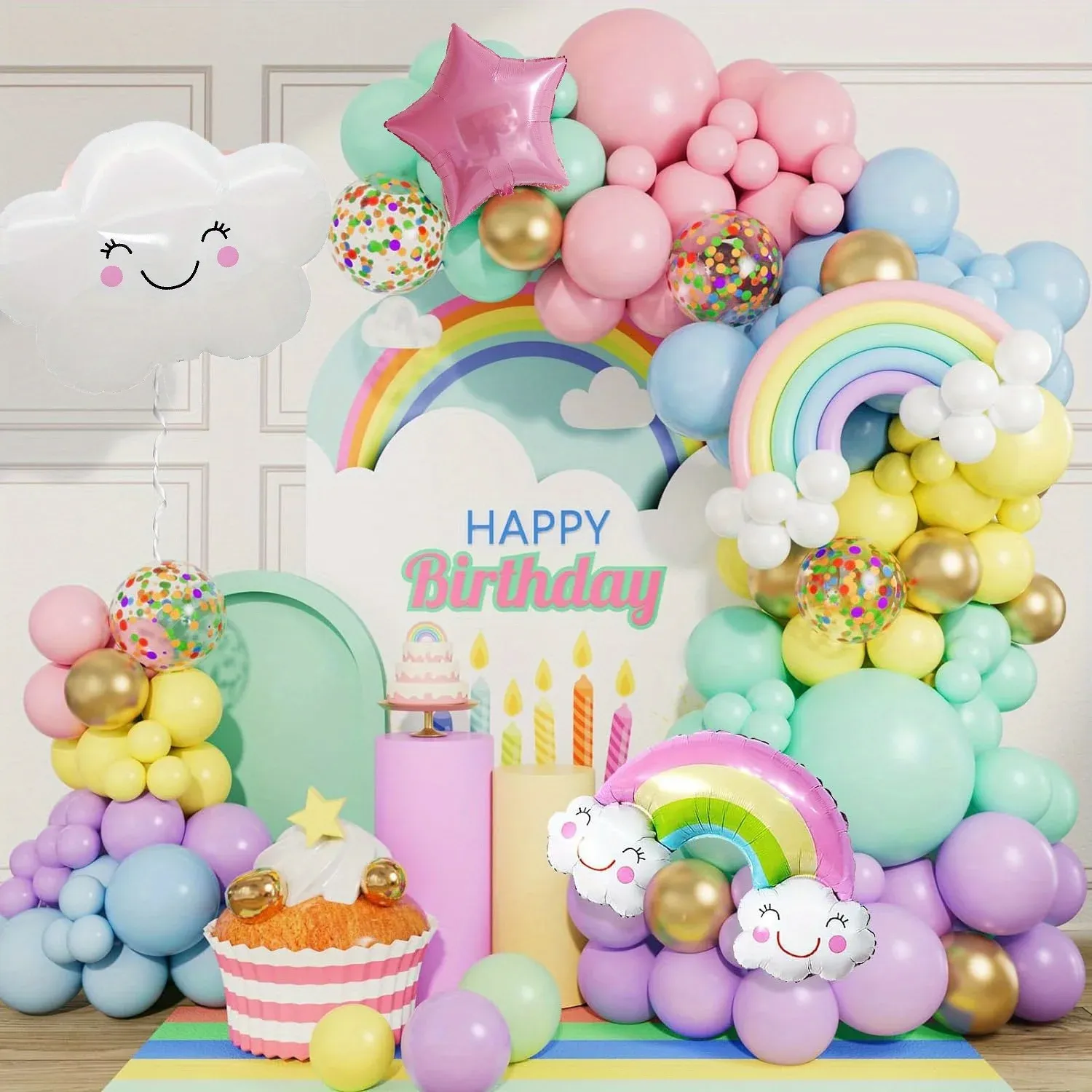 136pcs Macaron Colored White Cloud Balloon Arch Set for Birthdays, Baptisms and General Celebrations Without Electricity