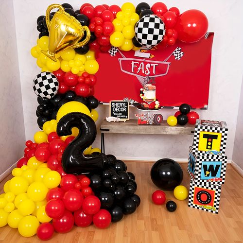 Car Garland and Arch Kit,perfect for Lightning McQueen Racing Themed Birthday Parties - Including Black, Red and Yellow Balloons