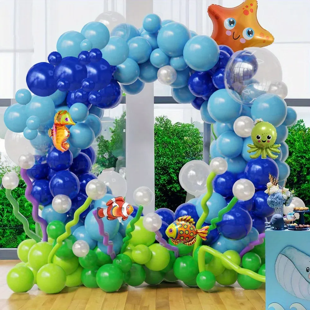 140PCS Ocean-Themed Balloon Garland Kit - Blue Sea Animal Party Decor for Summer & Birthday Celebrations, Indoor/Outdoor Use