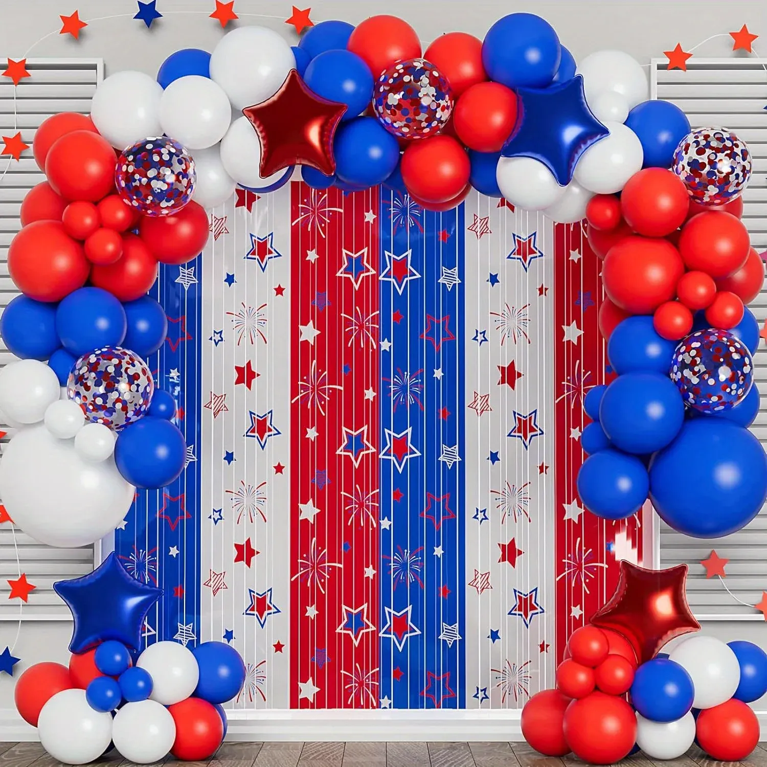 132pcs Red Blue & White Balloon Kit with Red & Blue Star Foil Balloons for Birthday Parties, Independence Day, Party Supplies