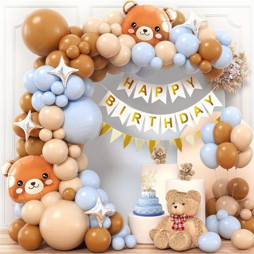 113pcs Brown Birthday Balloon Set with Bear Shape Aluminum Balloon for Birthday Party, Event Celebration, Festival Party