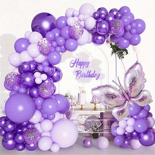 107pcs Purple Butterfly Themed Balloon Set for Birthday Graduation Bachelors Party Wedding Engagement Decoration