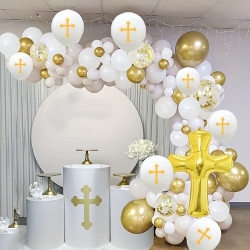 135pcs God Bless Gold Cross Foil Balloon Party Decorations, Outdoor Decorations, Baptism Decorations, Church Prayer Decorations