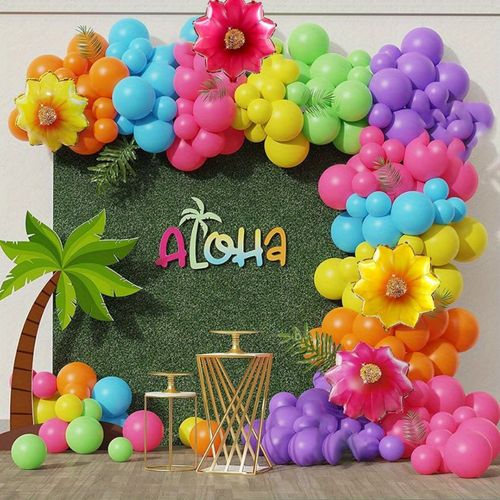 159PCS Hawaiian Balloon Garland Set Rainbow Balloon Aluminum Film Balloon Summer Party or Hawaiian Birthday Party Decoration