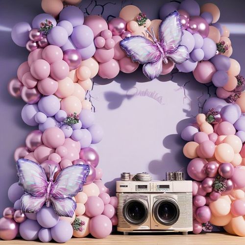 160pcs Purple pink Orange Butterfly Balloon arch set,used for birthday parties,spring and summer events,wedding scene decoration