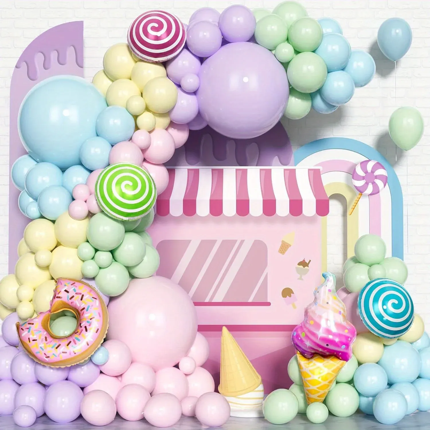 151pcs pink blue green balloons with ice cream and lollipop aluminum foil for birthday parties, wedding party decorations