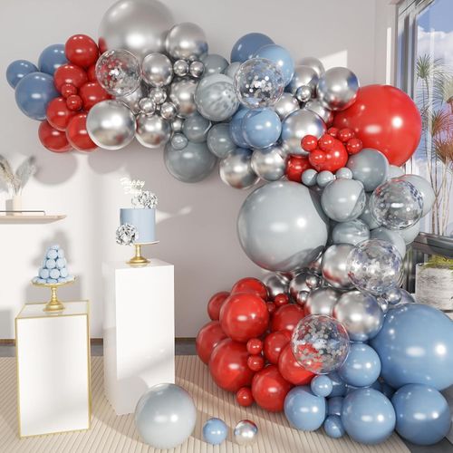 132pcs Blue Red and Silver Balloon Garland Arch Kit for Birthday Parties, Engagement, Valentine's Day Wedding Party Decorations