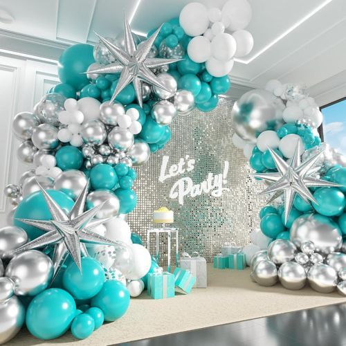 135pcs Wedding Balloon Set Tiffany Blue Silver White Wreath Arch Set, Suitable for Engagement, Anniversaries, Birthday Parties