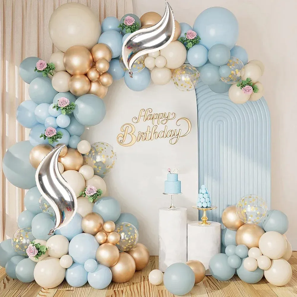 144PCS Grey Blue Balloon Garland Arch Kit, Birthday Party Bridal Shower, Blue Baby Shower Decorated Boy Baby Shower Balloon Arch