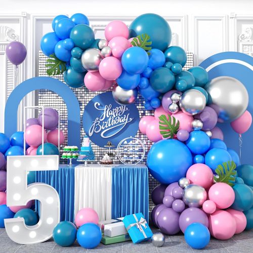 115pcs Purple Pink Blue Metallic Silver Balloon Arch Garland Kit for Birthday Decorations, Party Indoor and Outdoor Decorations