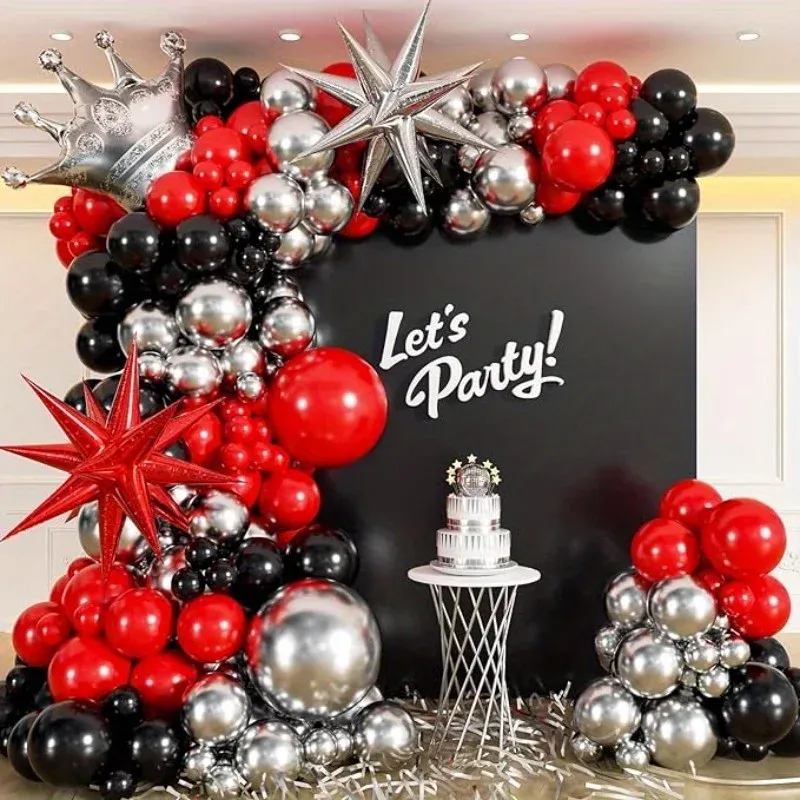 138pcs Crown Balloon Arch Set: Red, Black, Silver Balloon Explosion, Star, Crown-for Weddings, Birthdays, Balls and Other Events