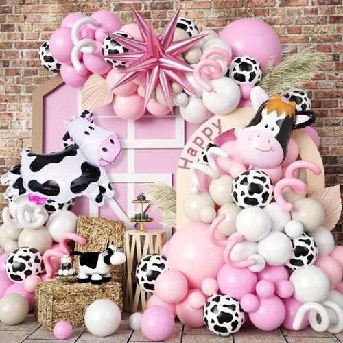 129pcs Cow Balloon Arch Set with White Cow Print Balloon and Pink Starburst Farm Cowboy Girl Cow Theme Birthday Party Decoration