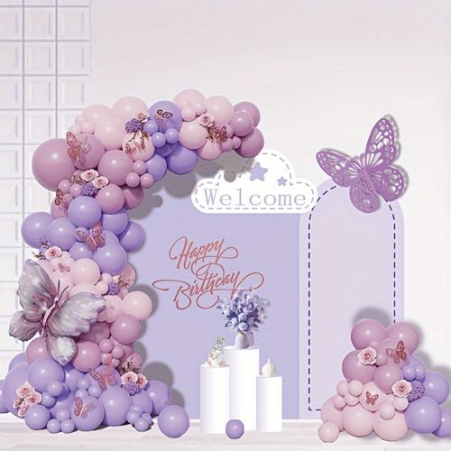 147PCS Purple Butterfly Arch Set, Pink and Rose Gold Accessories - Suitable for Birthday, Wedding, Indoor and Outdoor Decoration