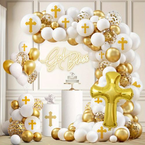 133pcs First Communion Balloon Garland Arch Set, Gold Cross Aluminum Film Balloon,for Communion Background, Baptismal Decoration