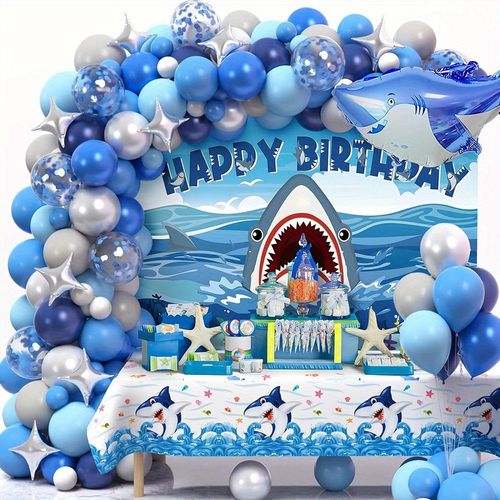 126PCS Ocean Themed Shark Balloon Garland Arch Set - Birthday Party Blue and White Round Balloon, Indoor and Outdoor Decoration
