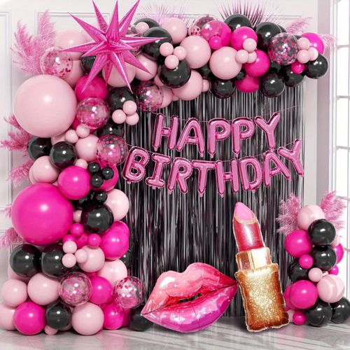136pcs Valentine's Day Pink and Black Theme Birthday Balloon Set, Suitable for Birthday, Valentine's Day, Engagement Decoration