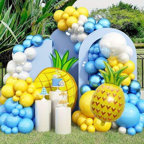 90PCS Tropical Pineapple Balloon Arch Kit Yellow Blue and White Balloons Birthday Balls Summer Celebrations and Singles Events