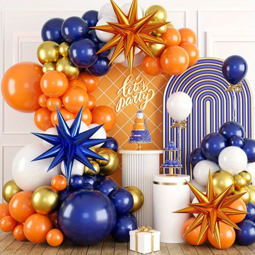 121pcs Orange and Blue Balloon arch set, Navy Royal Navy blue gold Orange Balloon garland set with 4D star chrome latex