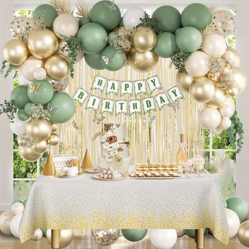 118pcs Sage Green Decoration Set Gold Rain Curtain Suitable for Engagement Proposal Birthday Mother's Day Anniversary Decoration