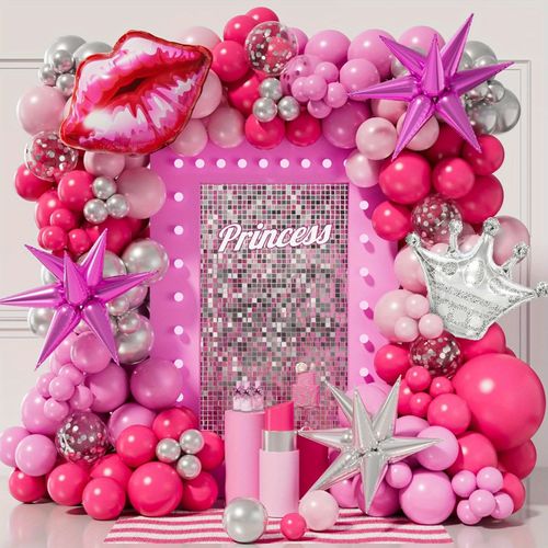 148pcs Pink and Exploding Star Silver Crown Balloon Arch Set Birthday Party Mother's Day Bridal shower Wedding home decor