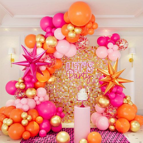 Wedding Balloon Theme Set with Pink and Orange Exploding Star Foil Balloons for Tropical Wedding Party Celebration Decoration