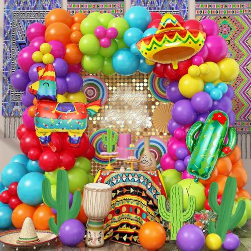 Colourful Balloon Arch Set for Hawaii Pool Party with Cactus Hats and Other Aluminium Film Balloons for Summer