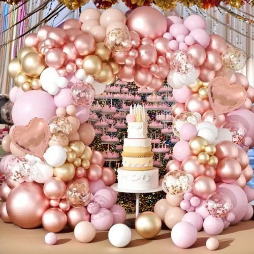 Pink Balloon Arch Set for Birthday Party Mother's Day Party Ceremony with Pink Balloons and Pink Heart Aluminium Film Balloons