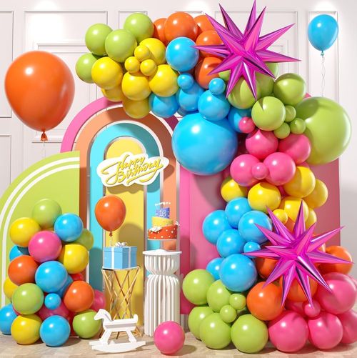 Rainbow Balloon Lei Arch with Roses Red Yellow Orange Blue Green Latex Balloons for Birthday Hawaiian Style Party Decoration