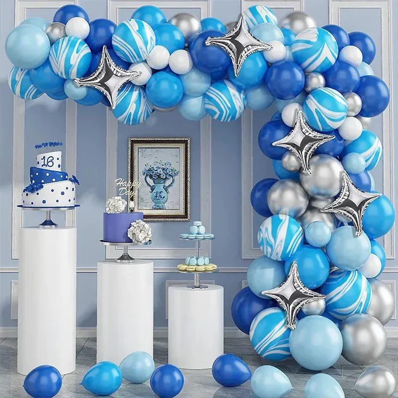 107 pcs, Blue Onyx Silver Star Balloon Chain Set, Birthday Party Wedding Background Decoration, Anniversary Scene Decoration