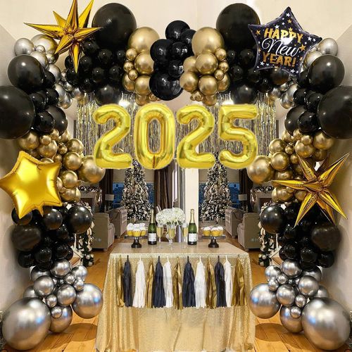2025 Happy New Year Balloons 113PCS Black and Gold Balloons, Suitable for New Year Reunion Celebrations, Birthday Parties, Etc