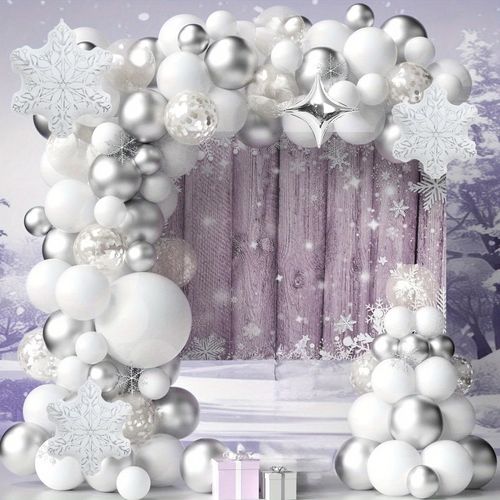 125pcs Silver and White Snow Balloon Arch Set, Suitable for Indoor and Outdoor Decoration Such As Winter Events, Birthdays