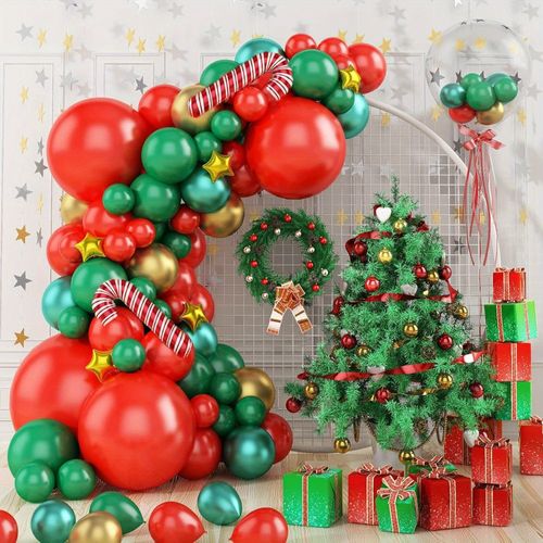 86PCS Christmas Balloon Garland Set Metallic Green & Gold Red Latex & Foil Balloon with Candy Bar Holiday Party Decorations