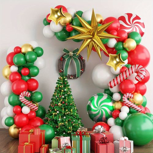 118PCS Festive Christmas Balloon Garland Set Red Green White Gold Balloon, Star, Candy Cane and Gift Box, Festive Decoration