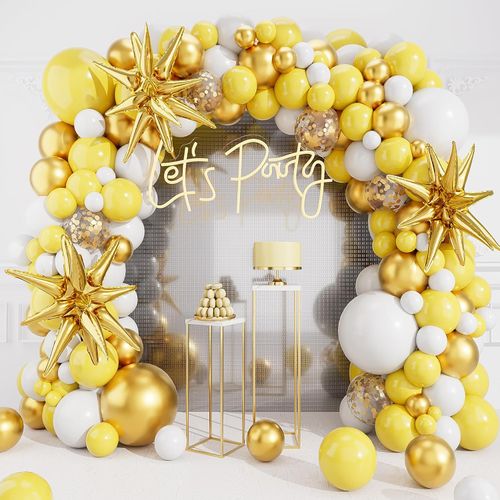 Yellow Balloon Garland Arch Set Includes Exploding Star Aluminum Film Balloons for Birthday Theme Party Decoration Supplies