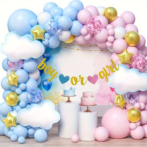 129PCS Pink and Blue Balloon Arch Set Star and Cloud Foil Balloon Birthday Flag Set, Gender Revealing Party Decoration,